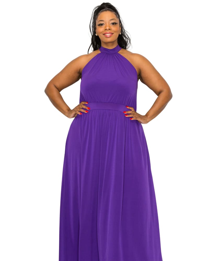 Front of a model wearing a size 1X Halter Neck Dress in Purple by L I V D. | dia_product_style_image_id:274937